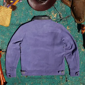 Men Purple Suede Cowhide Genuine Leather Jacket Mendoza Moon Pocket Lapel Fashion Biker Coat 4