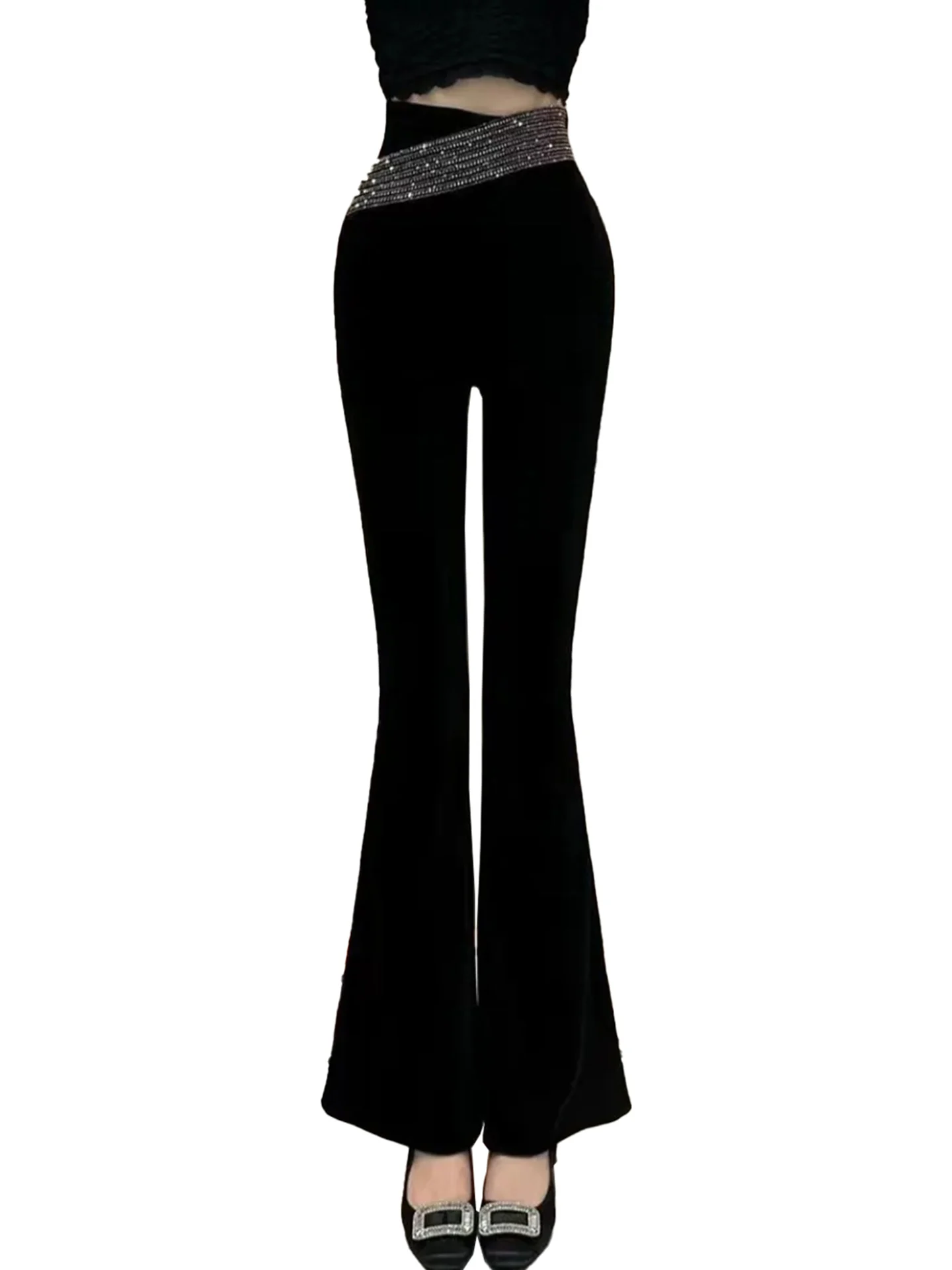 بنطلون مخملي واسع للنساء، موديل خريف وشتاء جديد، نحيف ومزين بالماس، بسحاب جانبي وخصر عالي، مناسب للعمل والأناقة