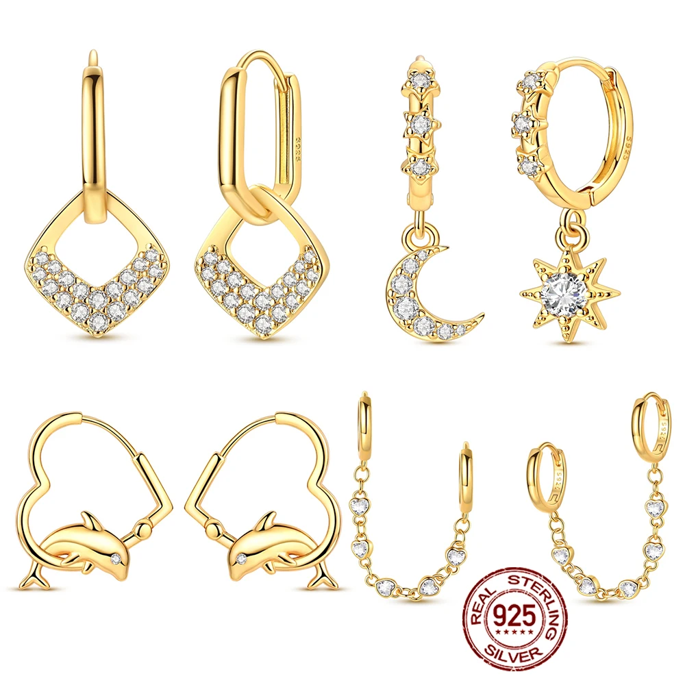 

Новые серьги из стерлингового серебра 925 пробы с золотой звездой, луной и солнцем, асимметричные серьги в форме ромба, подходящие для девочек, очаровательные ювелирные изделия, подарки