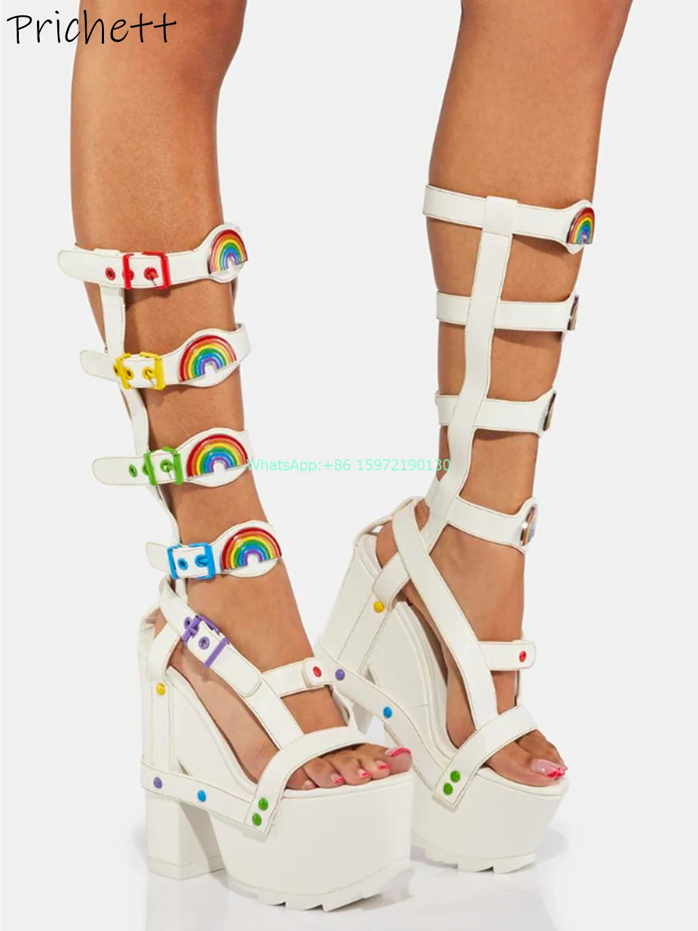 Rainbow Hollow Sandals Colorful Round Toe Buckle Strap Platform Chunky Heels Shoes White Fashion Runway Sexy Knee High Boots