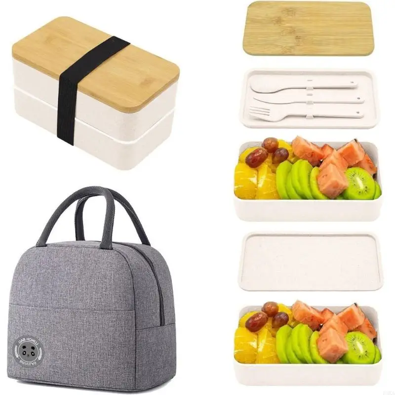 1200ml Japanese Lunch Box Double Layer Microwave Safe Plastic Bentos Box Container with Compartments Utensils