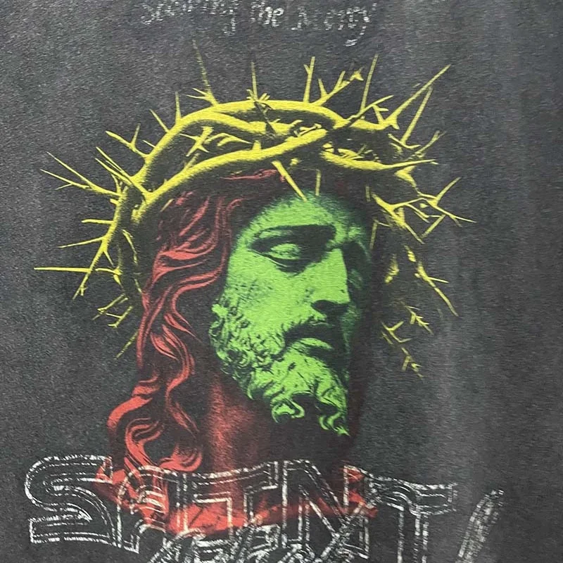Vintage Distressed Black Saint Tshirts Graffiti Thorn Crown Jesus Pattern Cotton Loose Short Sleeve Top Tee Men Women Streetwear