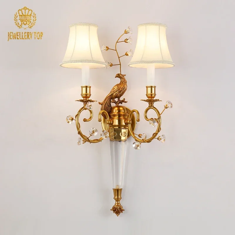 Jewellerytop gold lamp bedroom peacock chinese style brass wall lamp double arm with shade classic plaster wall light