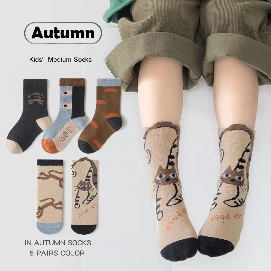 Children Autumn Socks 3-12Y Boys Mid Calf Cotton Socks Cartoon Pattern Socks Kids A Class Socks 5 Pairs/lot