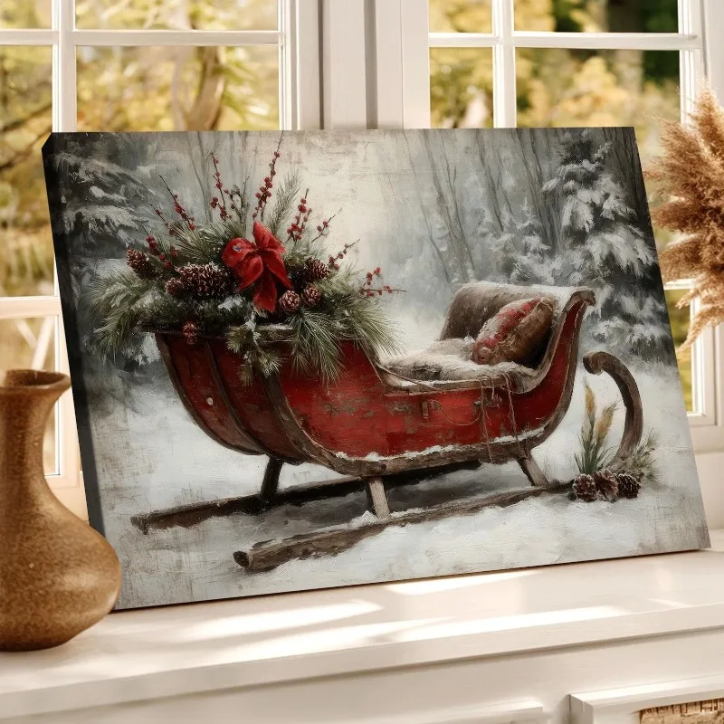 Vintage Painting Snowy Pine Red Sleigh Christmas Canvas Poster Prints Frameless Wall Art Festive Winter Cozy Warm Rustic Decor