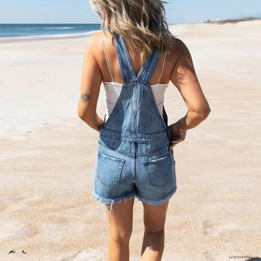 Fashion Casual Ripped Hole Denim Overalls Women Summer Jumpsuits Ladies Denim Rompers Playsuit Salopette Straps Shorts Rompers