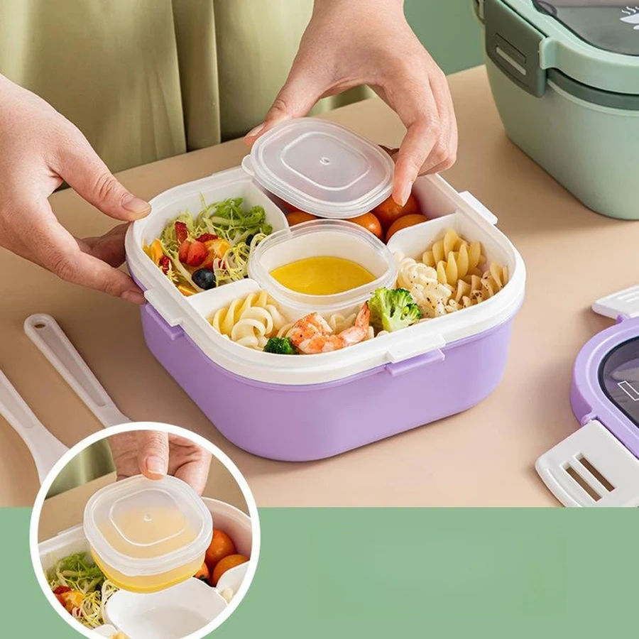 Double Stackable Lunch Box, 50 oz. Large Salad Bowl, 4 Compartment Tray, 3 oz. Sauce Container, Built-In Reusable Fork & Spoon
