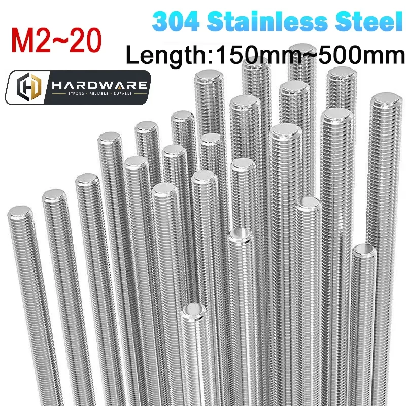 1pcs M2~m20 304 Stainless Steel Full Threaded Rod Bolt Length 150-500mm Fully Metric Headless Bolt Thread Stud Rods Screws