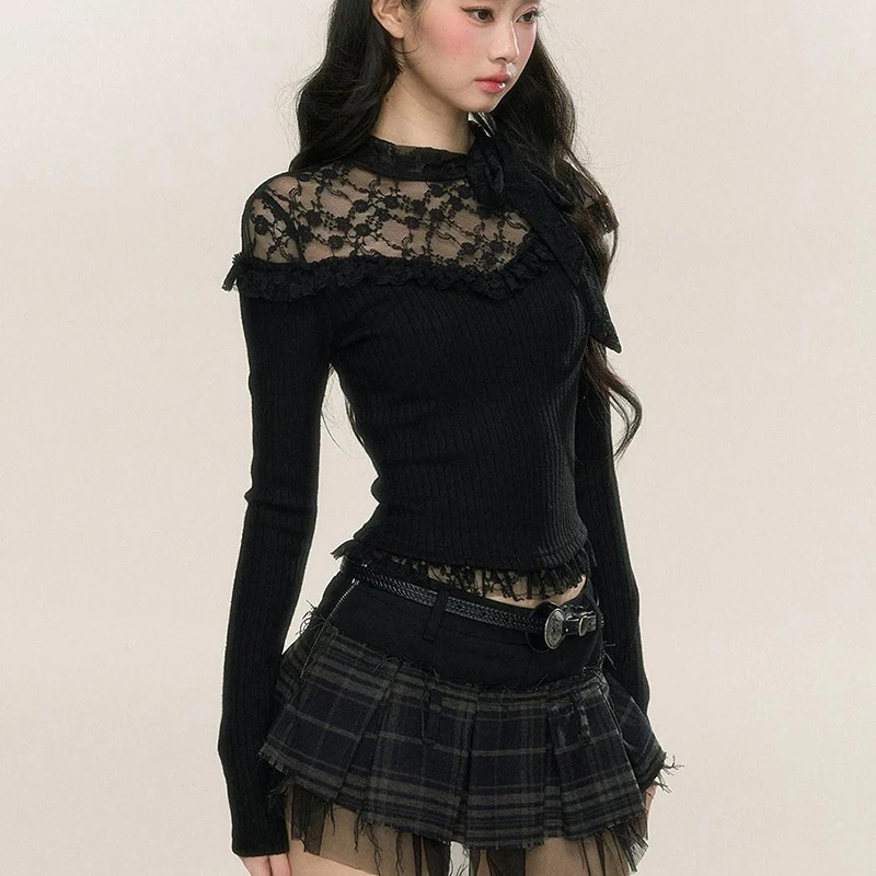 레이스 나무 귀걸이 패치 워크 블랙 스웨터 긴 소매 슬림 섹시한 시스루 니트 스웨터 컷 아웃 달콤한 우아한 화이트 풀오버