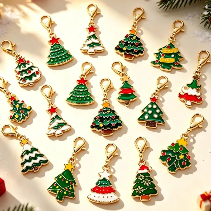 Xmas Alloy Enamel Christmas Tree Keychain Series Cute Drop Oil Pendant Jewelry Making New Year Earrings Necklace Bracelet Crafts