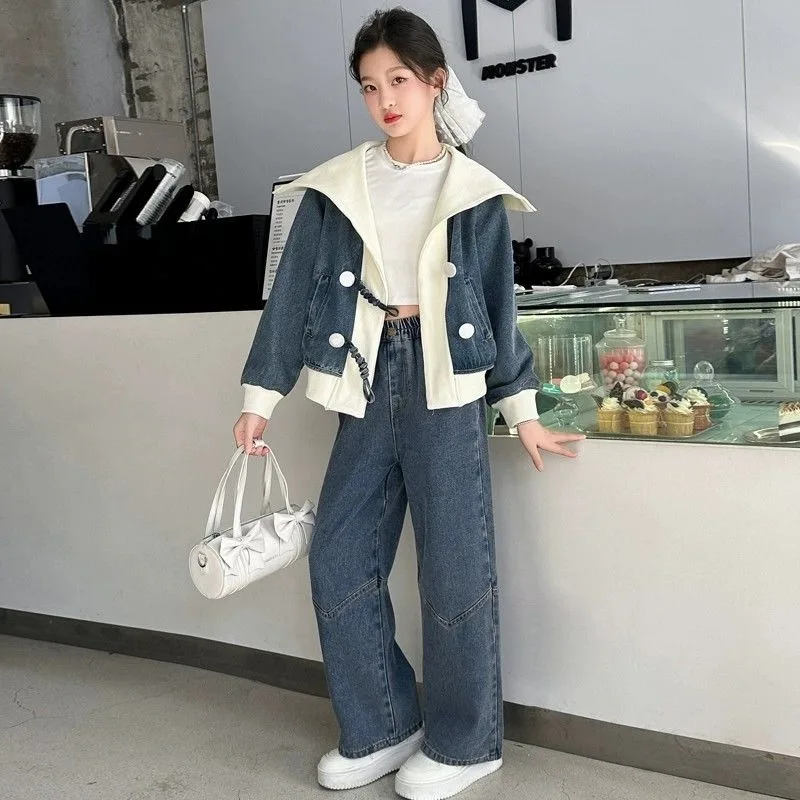 

Широкие брюки для девочек, джинсовая куртка и комплект из 2 предметов, одежда от 10 до 12 лет, модная одежда для девочек, осенне-зимняя одежда для девочек, детская одежда