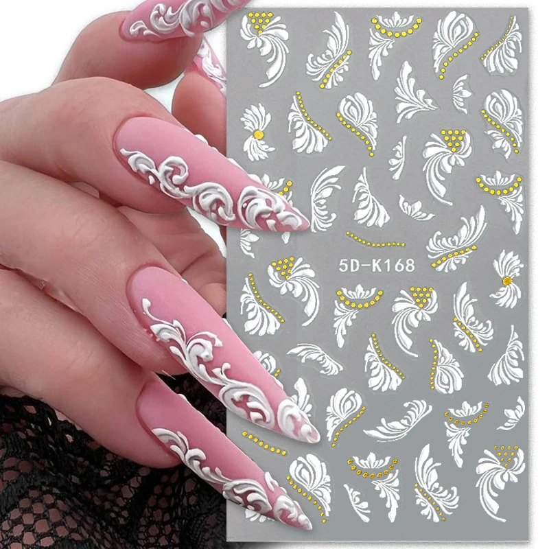 5D Nail Stickers Embossed Flower Leaves Design Self-Adhesive Slider Decals Summer 3D Gold Nail Paper Manicure Tips Decoration