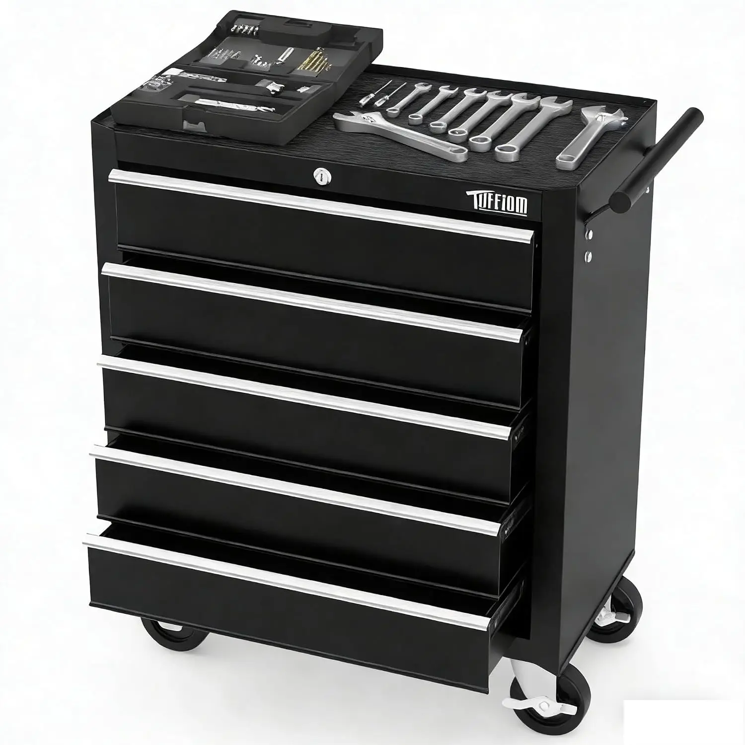 5-Drawer Rolling Tool Chest w/Drawers & Lock, Tool Storage Cabinet with Lockable Wheels, Top Cushion & Drawer, Customized