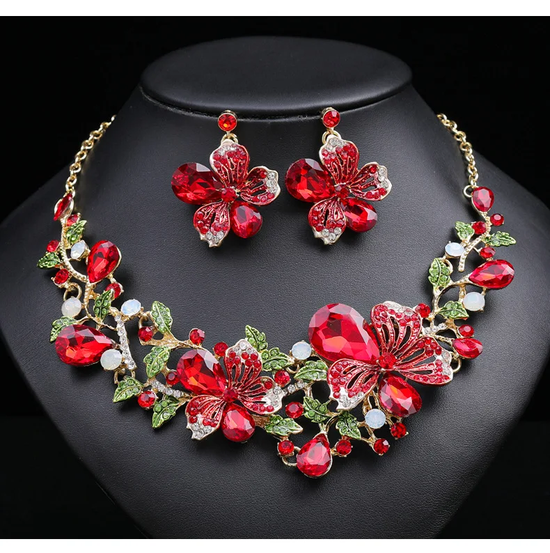 Luxury Necklace Earrings Two Piece Set Of Colorful Flower Bride Accessories