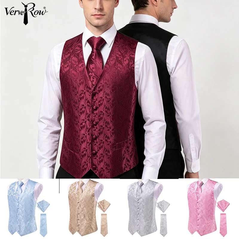 VerveRow Men Burgundy Floral Jacquard Suit Vest 3PCS Waistcoat Set with Neck Tie and Pocket Square Formal Wear