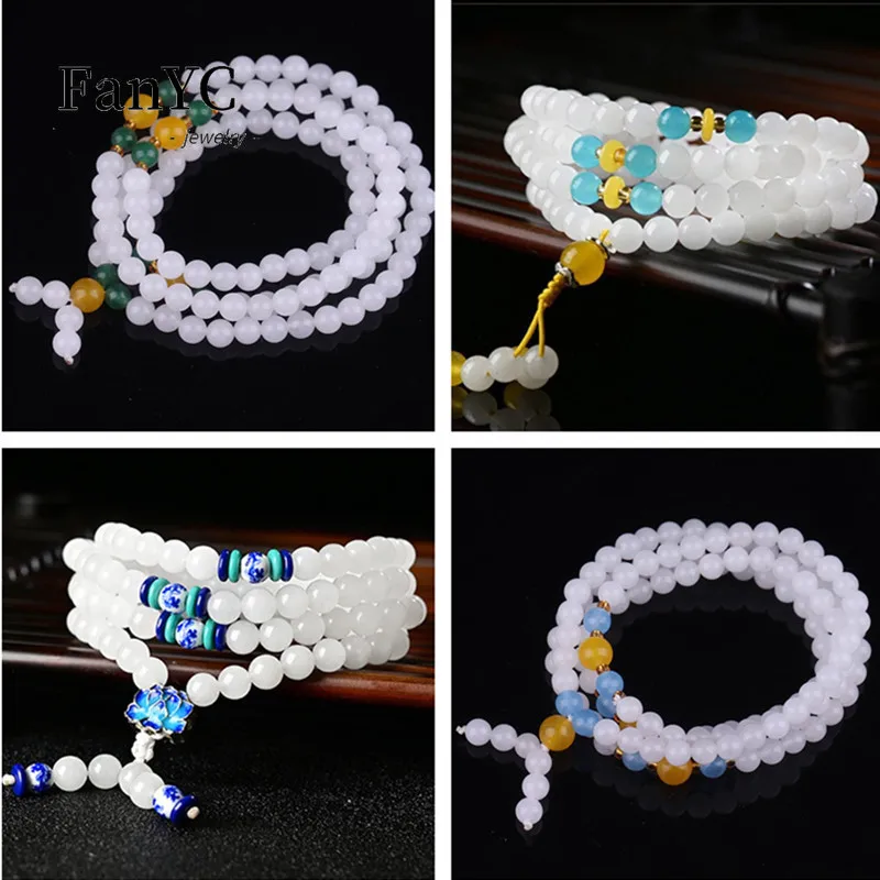 Natural Gold Silk Jade Three Circle Hand String White Jade 108 Buddhist Beads Bracelet Exquisite Fashion Ladies Holiday Gift