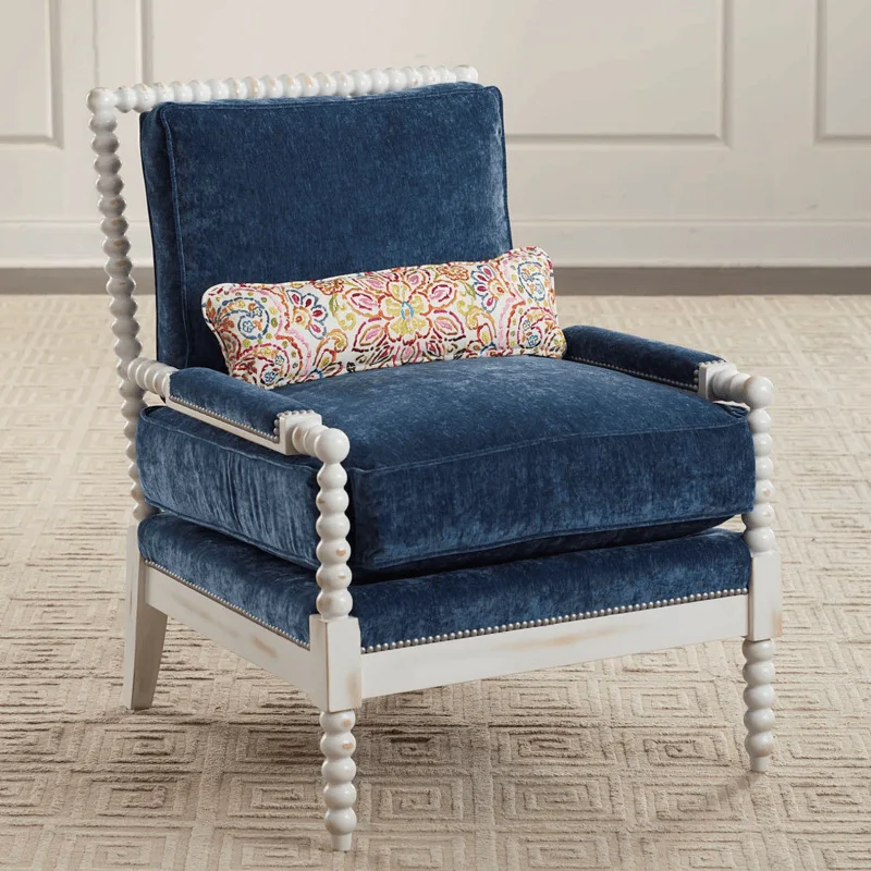

DSA Country Solid Wood Sofa Chair for Small Apartments and Balcony Vintage Fabric Pearl Chair with Gourd Leisure Footrest