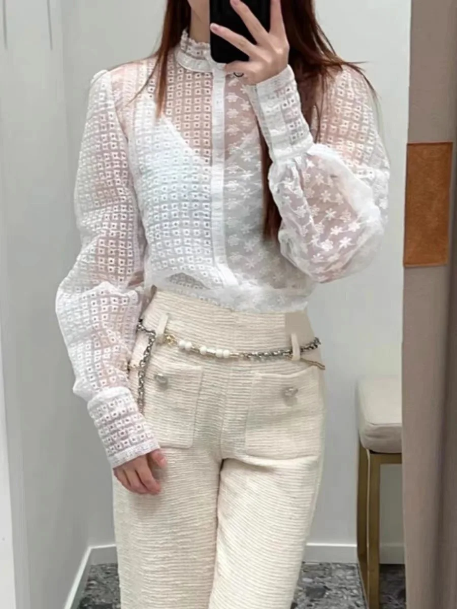 

M Home Early Autumn 2023 White Embroidered Lace Collar Long Sve Two-Piece Set irt Top Commute Sle Cotton Gauze Pure Color