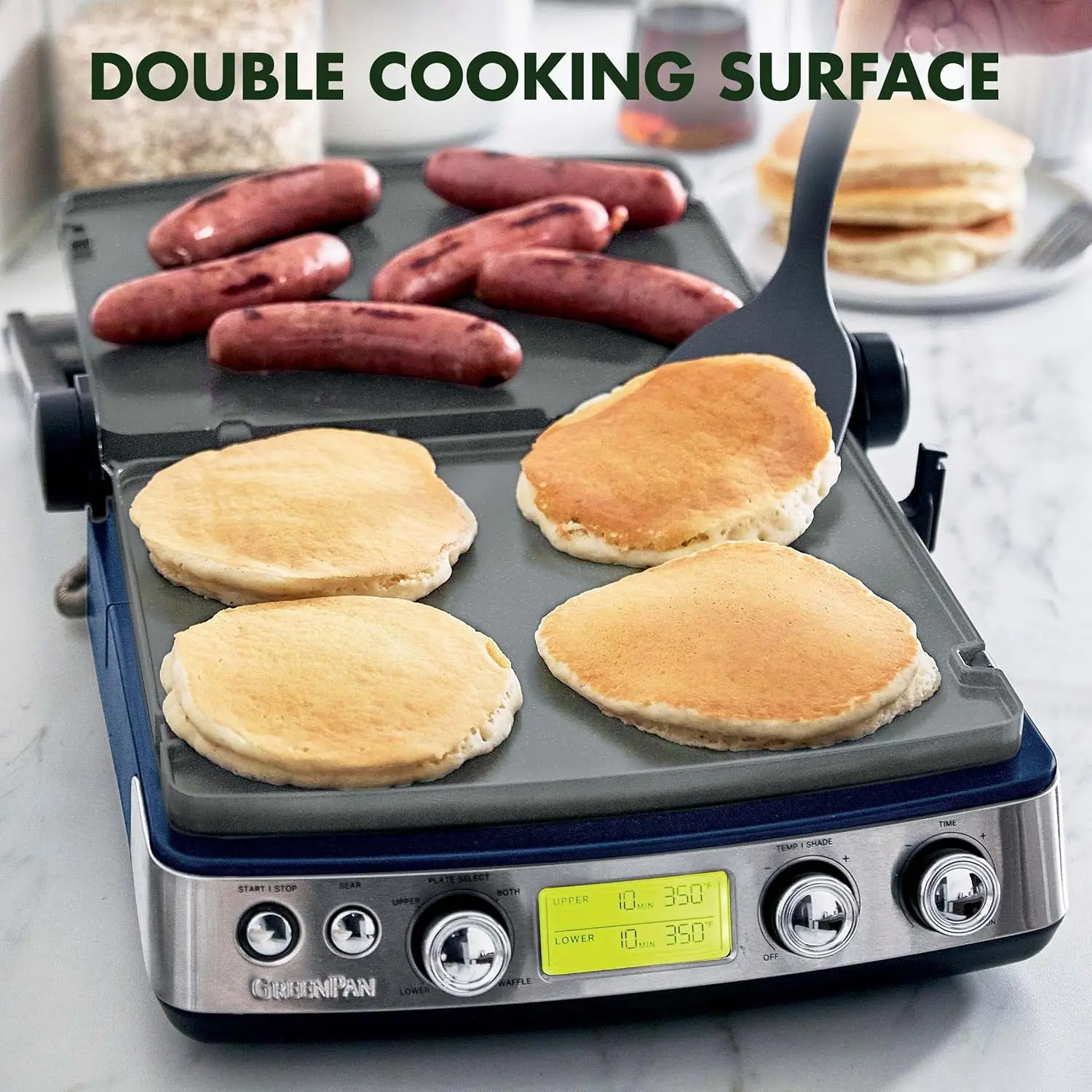 Elite 7-in-1 Griddle, Healthy Ceramic Nonstick Aluminum,Plateslosed Press/Open Flat Surface, PFAS-Free, Oxford Blue