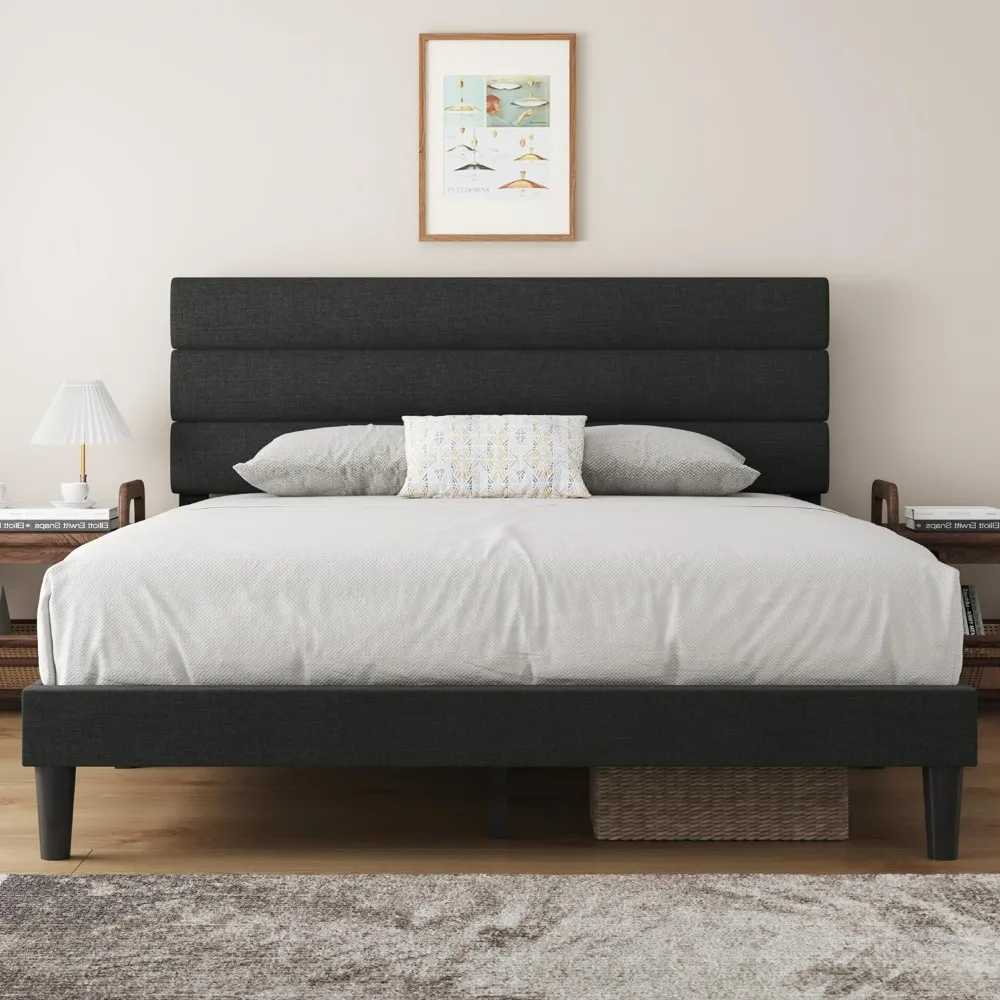 

Bed Frame Upholstered Queen Bed Frame Platform with Headboard Linen Fabric Headboard Wooden Slats Support, No Box Spring Needed