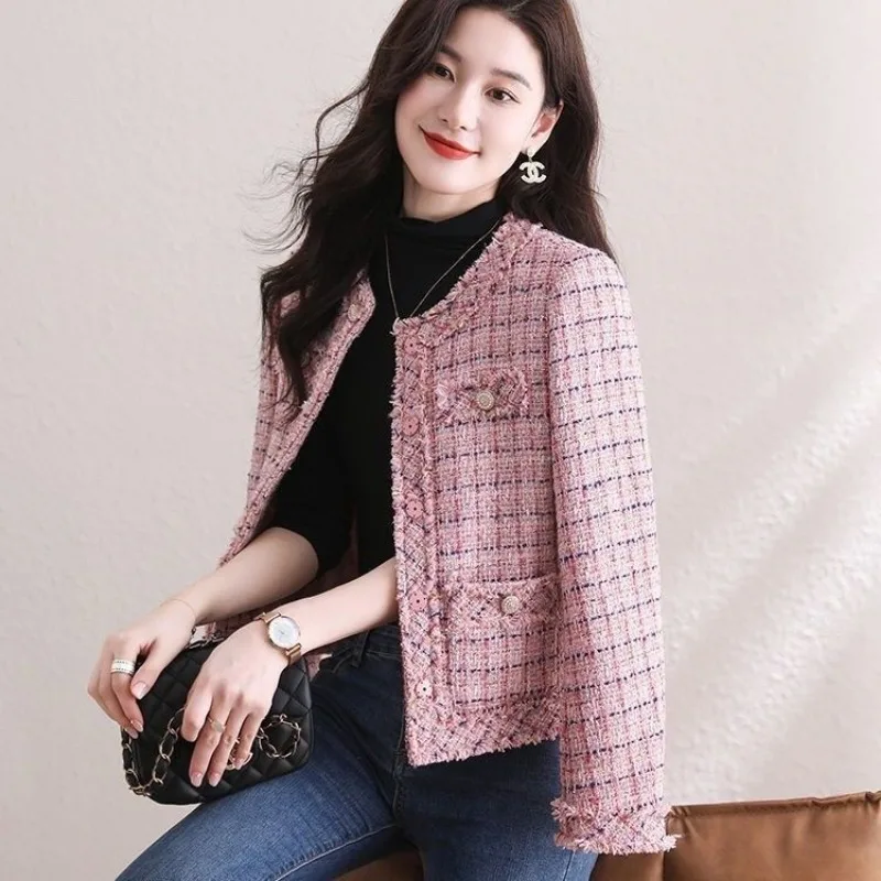 Korean Chic Woman Tweed Jacket Long Sleeve Tweed Blazer Pink Coat Cropped Jacket Luxury Outerwear Pocket Button New