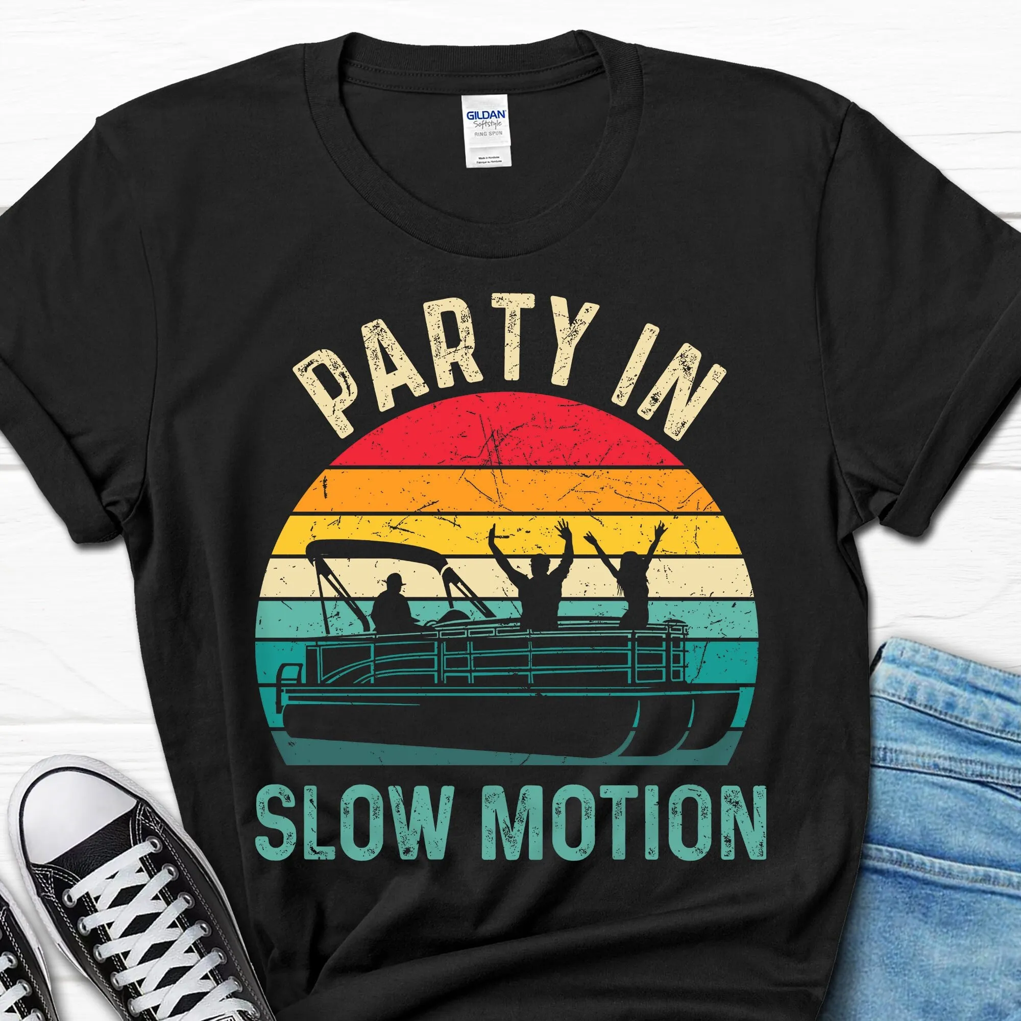 

Party in Slow Motion T Shirt Father's Day Pontoon Funny Boat for Husband Boating Him Vintage Men's Sailing