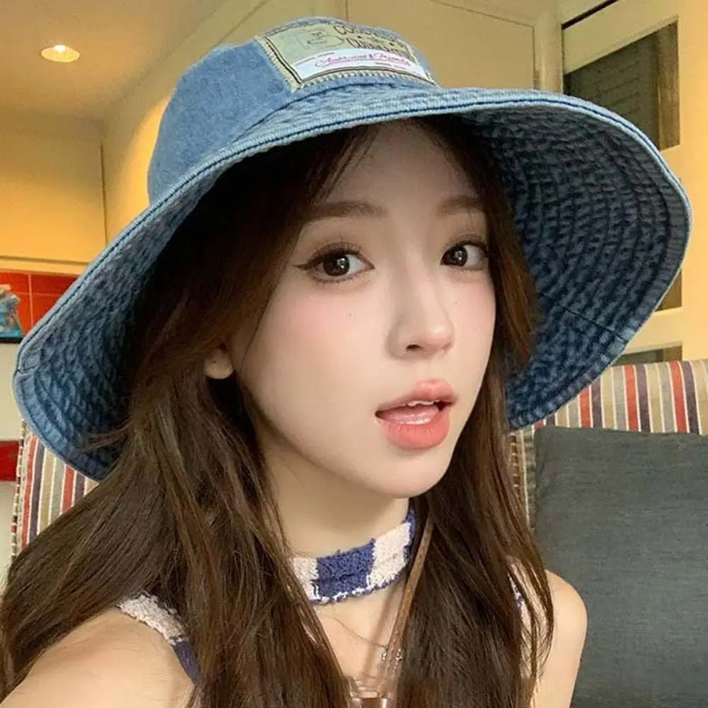 

Soft Sunshade Denim Bucket Hats Lightweight Japanese Style Retro Fisherman Hat Wide-Brimmed PU Sun Protection Basin Cap Women