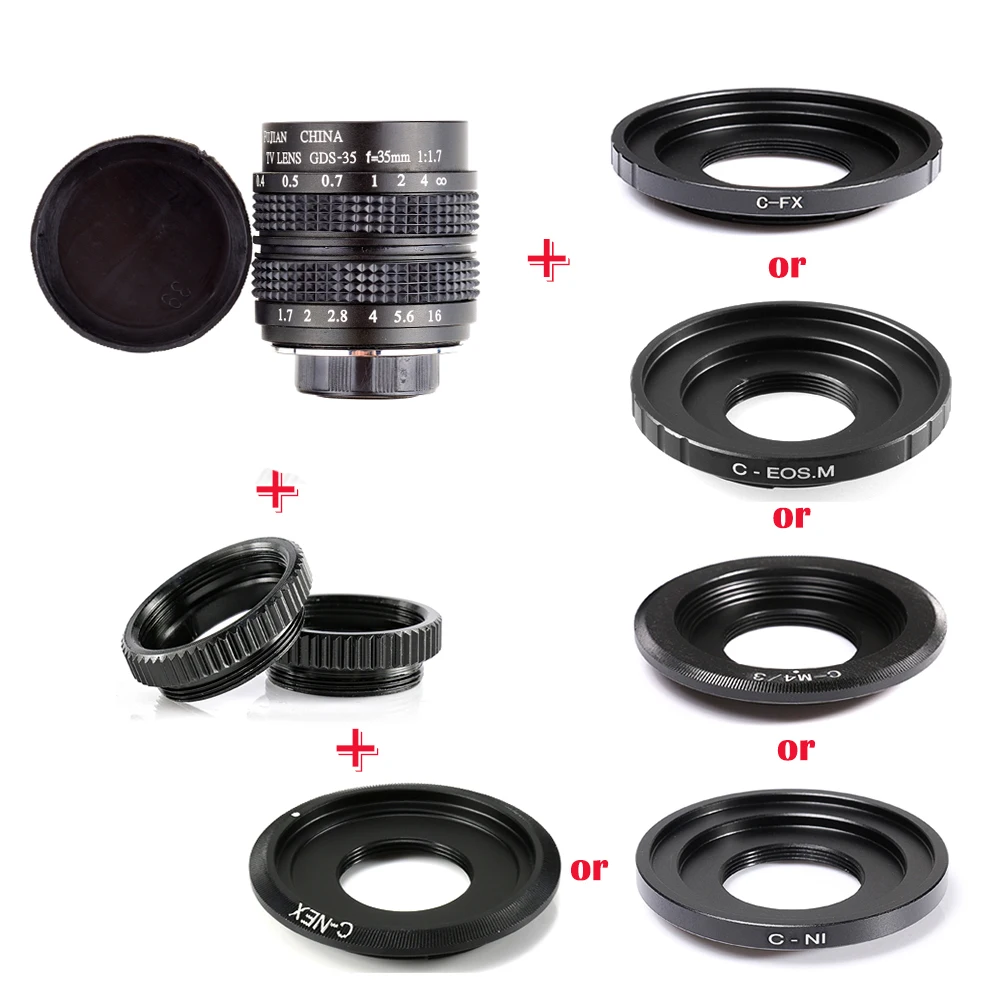 35mm f/1.7 APS-C CCTV Lens+adapter ring+2 Macro Ring for NEX FX M4/3 NIKON1 EOSM Mirroless Camera