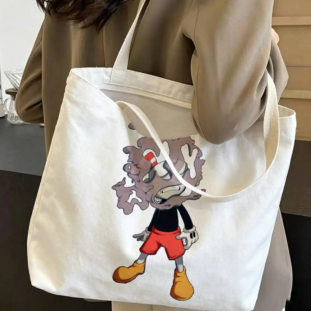 P-Popular C-Cuphead Game Print Canvas Tote Bag Handbag For Daily School Commute Casual Shoulder Bag