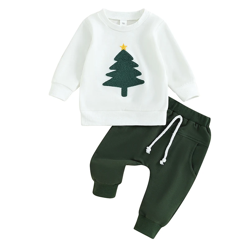 Tenues de Noël brodées d'arbre de Noël pour tout-petits garçons, manches longues PVD, pantalons longs en Y, ensemble de vêtements pour garçons, 2 pièces