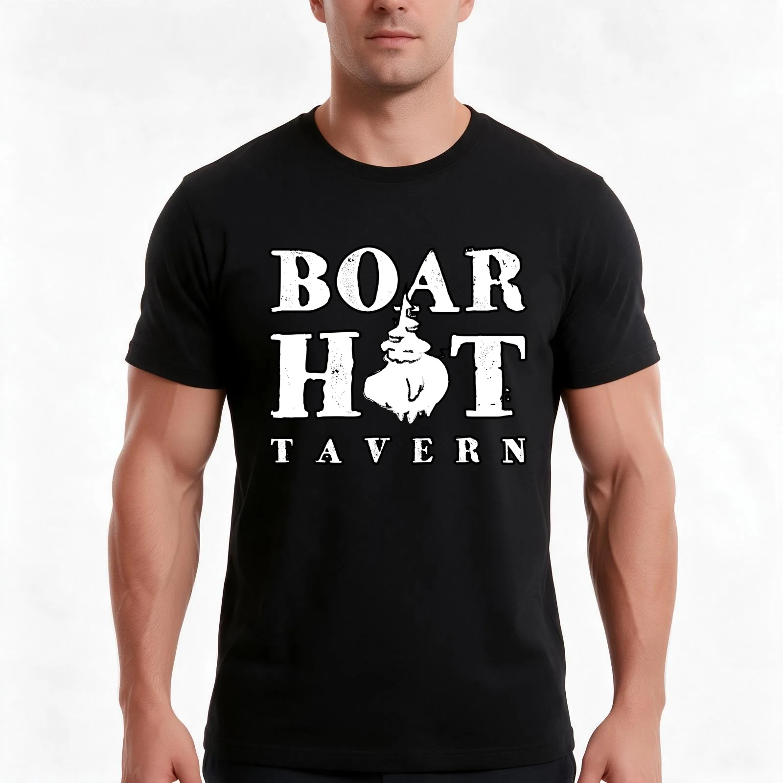 Boar Hat Tavern T-Shirt, Summer Casual Cotton Tee, Oversized Streetwear Tops, Vintage Graphic Print, Loose Fit Short Sleeve