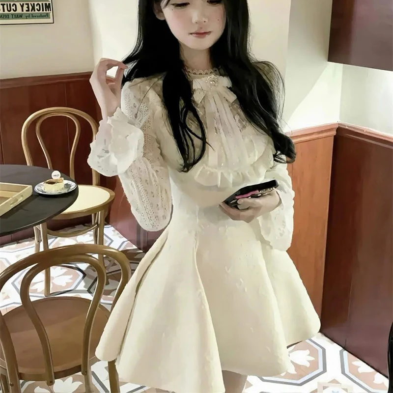 

Japan Sweet Lolita Bow Lace Dress Patchwork Ruffle Jacquard Sheer Cute Dress Kawaii Pleated Draped Party Mini Vestidos