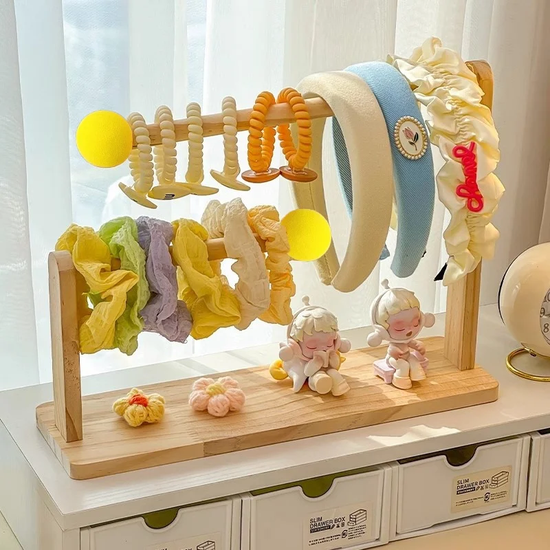 Wooden 2 Layers Hair Band Hair Rope Holder Jewelry Stand Bracelet Necklace Earring Hairband Storage Rack Desktop Showcase Holder