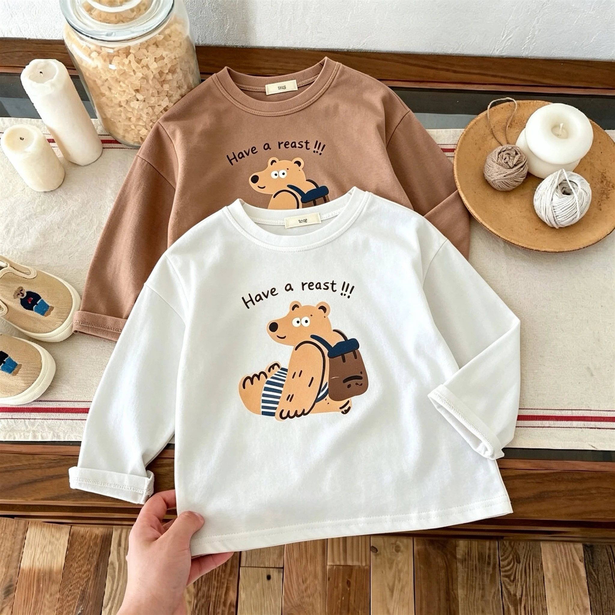 Solid Color Print Cartoon Bear Kids Long Sleeve T-shirt Autumn Clothing Versatile Fashion Crewneck Casual Children Base Shirt