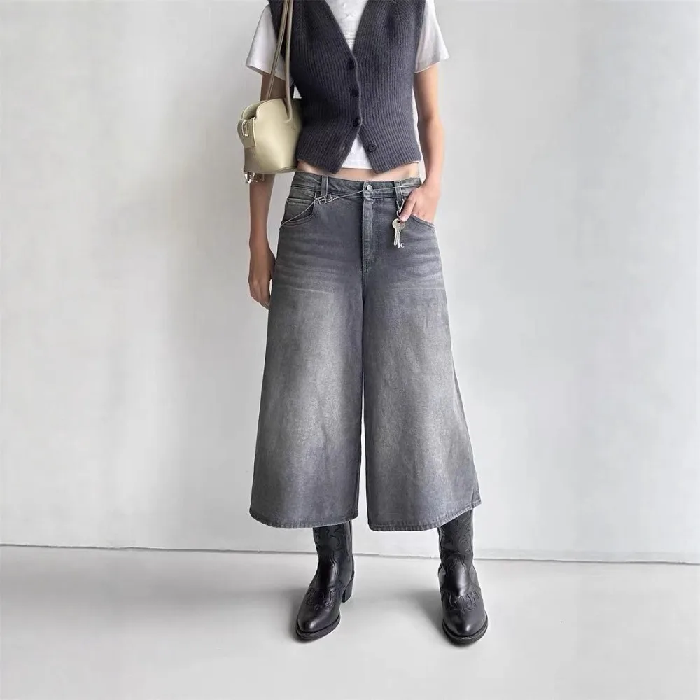 

New High-quality Simple and Fashionable Retro Wide-leg Denim Cropped Pants