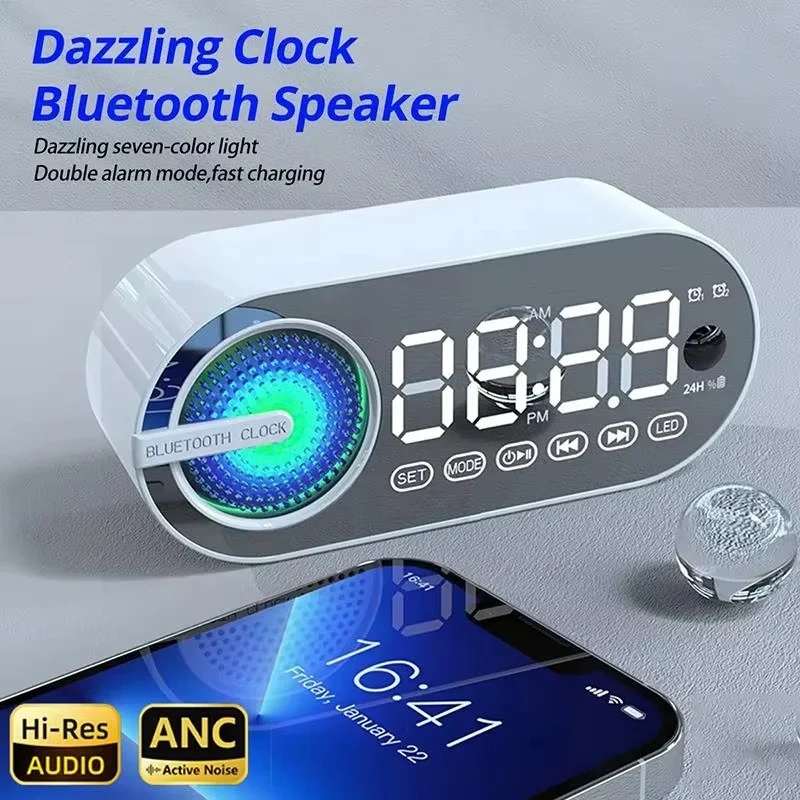 Quiet Wireless Bluetooth Speaker Alarm Clock RGB TWS USB LED Mirror Digital Clock FM Large Display For Bedroom Office Decktops