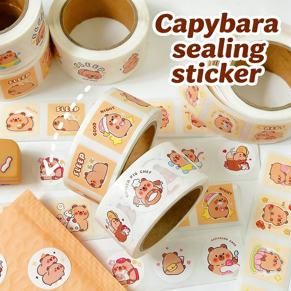 300Pcs Kawaii Capibara Seal Stickers Cute Cartoon Capybara Decorative Roll Sticker DIY Phone Notebook Sealing Sticker Kids Gift