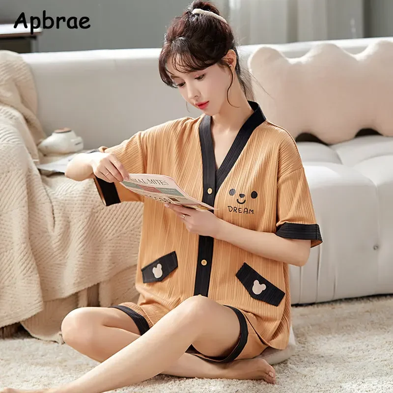 Summer Women Kimono Sleepwear Kawaii Style Pajamas Set Soft Cotton Korean Cardigan Short Sleeve Shorts Nightwear for Young Girls