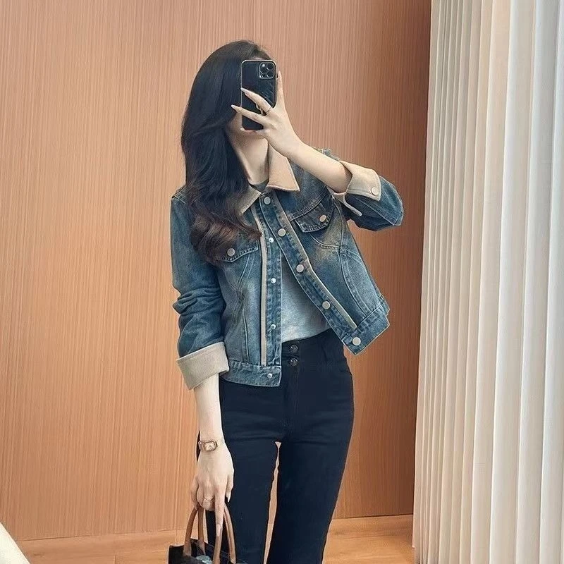 2025 primavera outono moda feminina vintage lavagem denim jaqueta tamanho pequeno estilo europeu na moda casaco casual