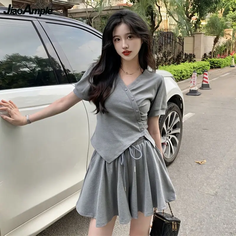 

Women Summer Slim Irregular T Shirts Skirts Shorts Two Piece Set Korean Casual Sporty V-Neck Tops Shirring Waist Pants Suits