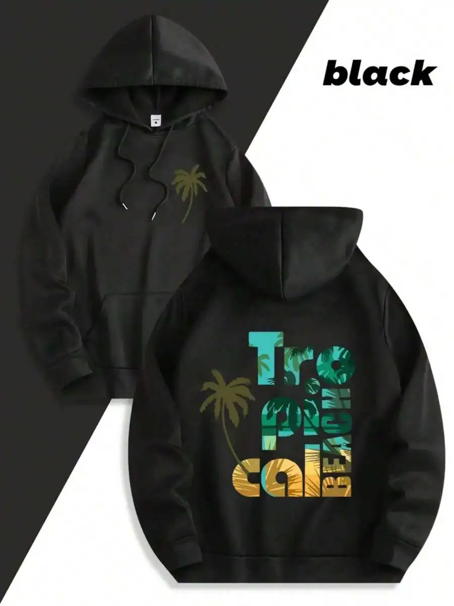 

Black Tropical Beach Print Hoodie With Drawstring Hood And Kangaroo Pocket
