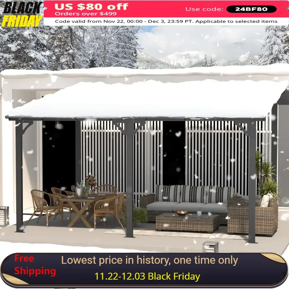 14' X 10' Gazebo for Patio, Hard Top Lean To Gazebo Pergola with Roof (140 Sq.Ft Shaded), Large Wall-Mounted Heavy-Duty Awnings