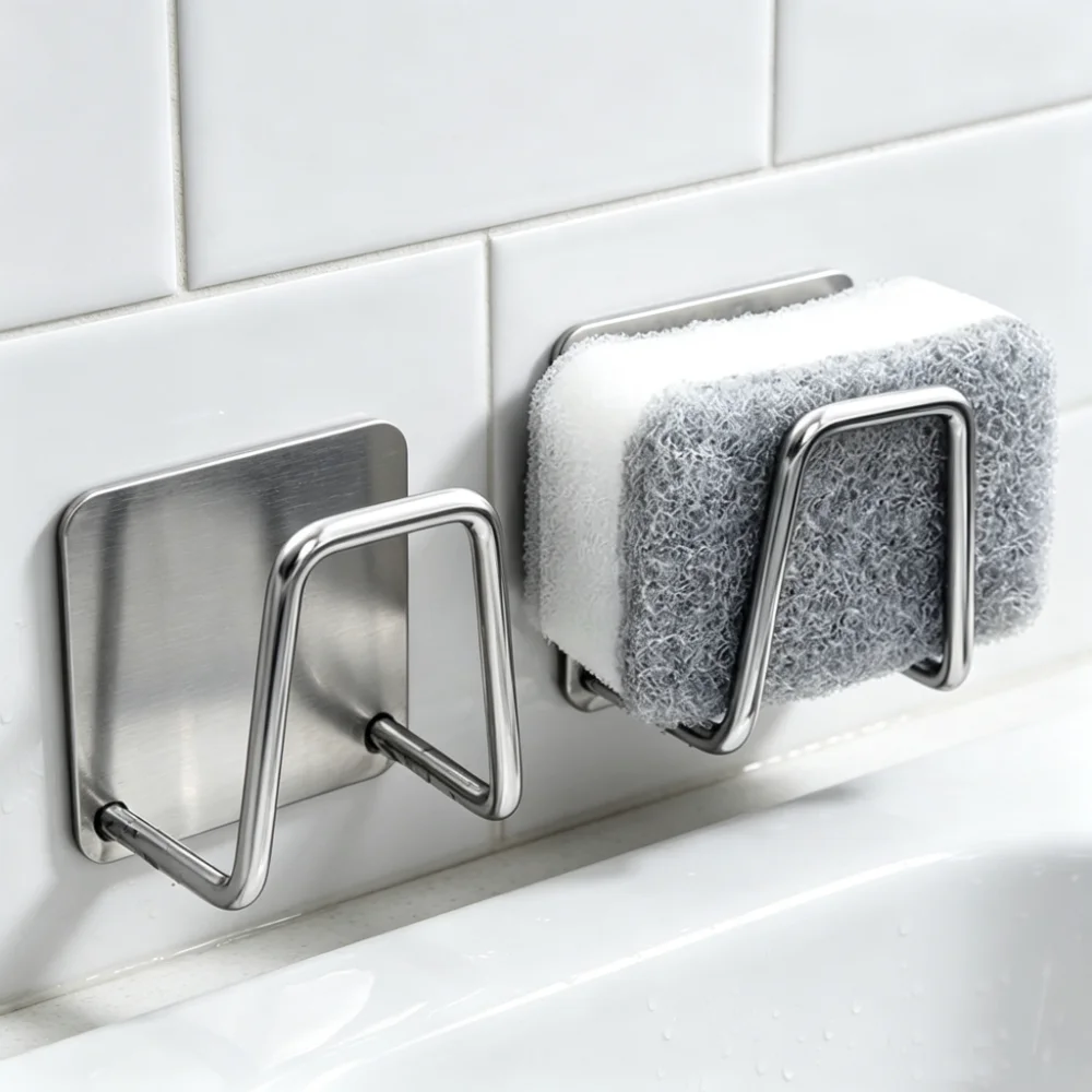 2Pcs Stainless Steel Sink Sponge Holder Self Adhesive Drain Drying Rack Wall Hook Storage Organizer Kitchen Accessories