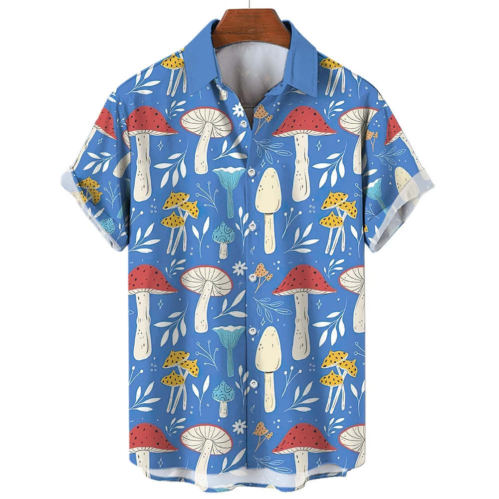 2023 Hawaiian Mushroom Plant Shirt For Men Casual Short Plus Size 3d Print Tops Vintage Streetwear Soft Camping Vacation Summer