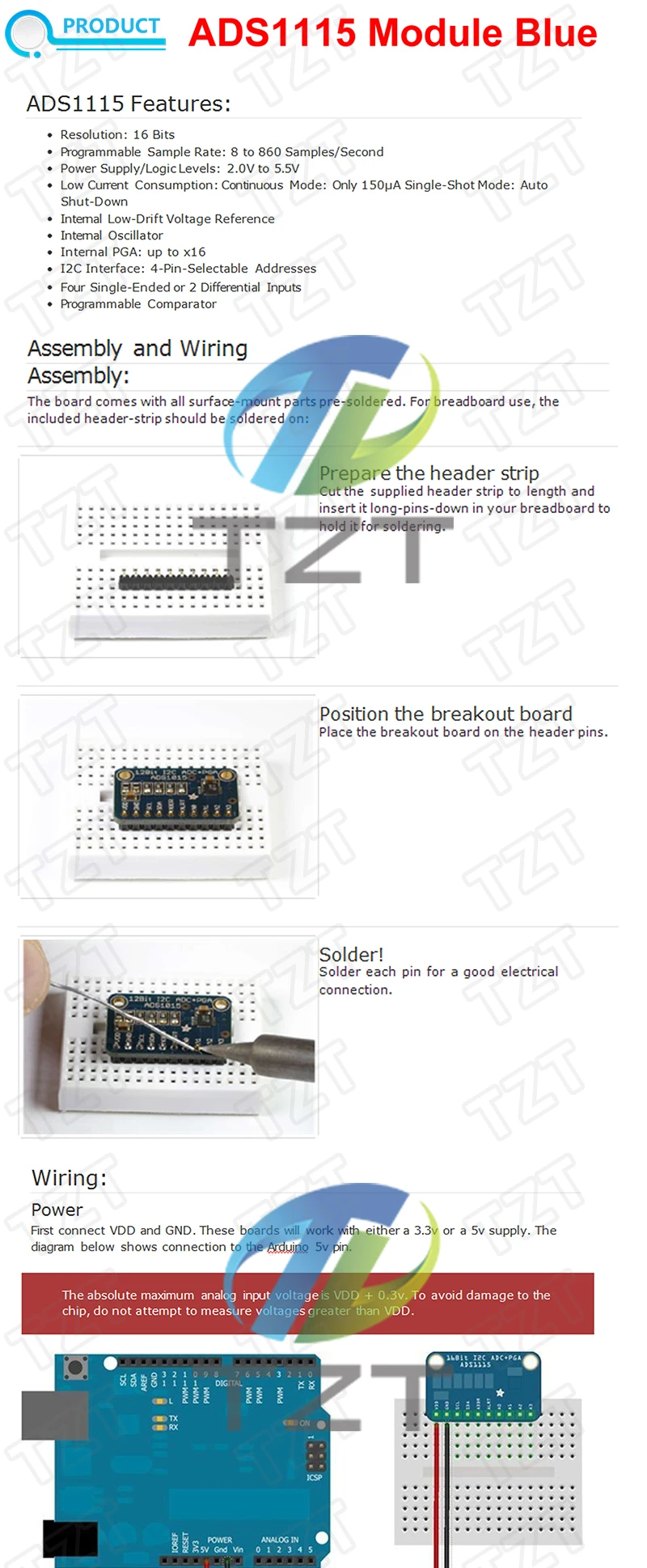 TZT 1/5 Stück ADS1115 16-Bit-I2C-Modul Präzisions-4-Kanal-Entwicklungsboard Pro Gain Verstärker 2,0V bis 5,5V für Arduino – Detail 1