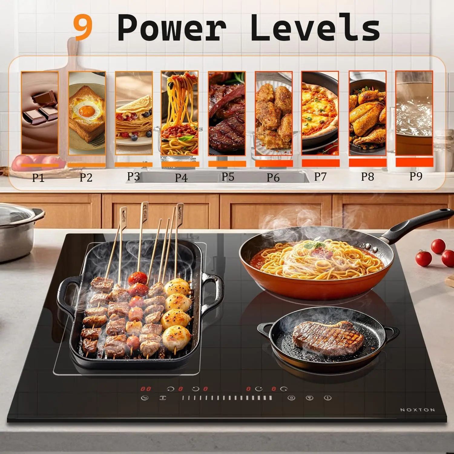NOXTON 24Inch Induction Hob, 4 Burners with Flex Zone, Power Boost, Pause, 9 Power Levels, Safety Lock, 7200W, 240V Hard wired