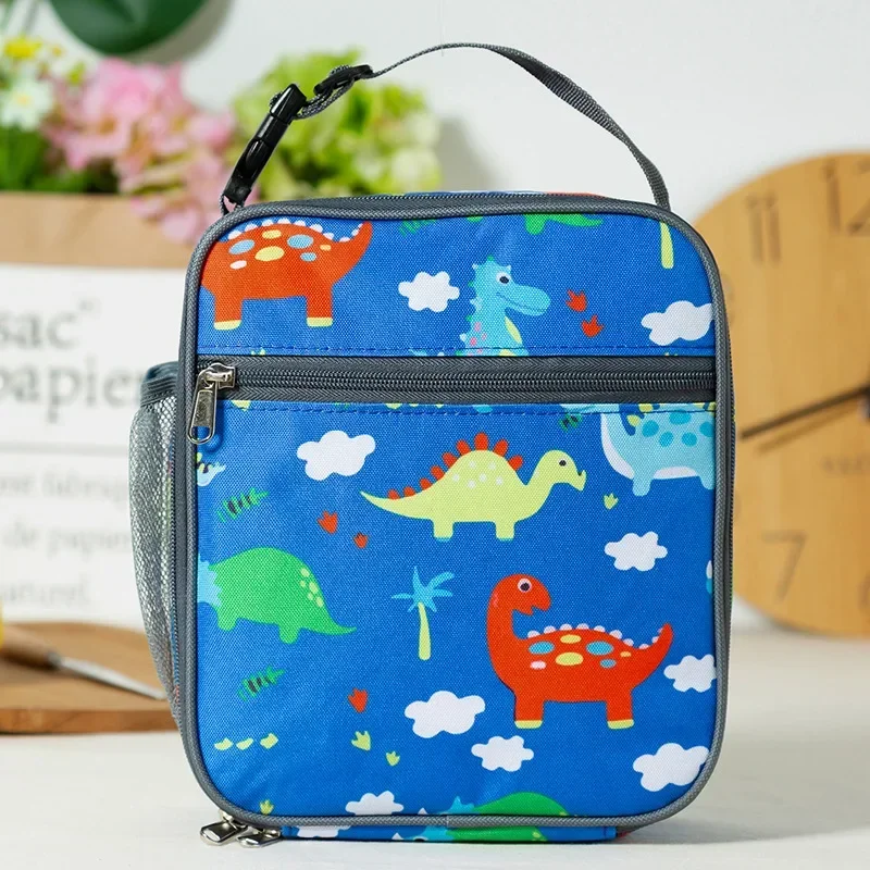 2024 Lunch Box Bag Adjustable Shoulder Strap and Side Pocket New Arrival Cartoon Dino Kids Lunch Bag Estuches Escolares