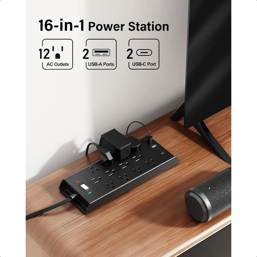 عرام حامي قطاع الطاقة 4800J LeZone 10Ft سلك تمديد طويل قابس مسطح 12 منافذ 2 USB C 2 منافذ USB جدار قابل للتركيب 20 واط D