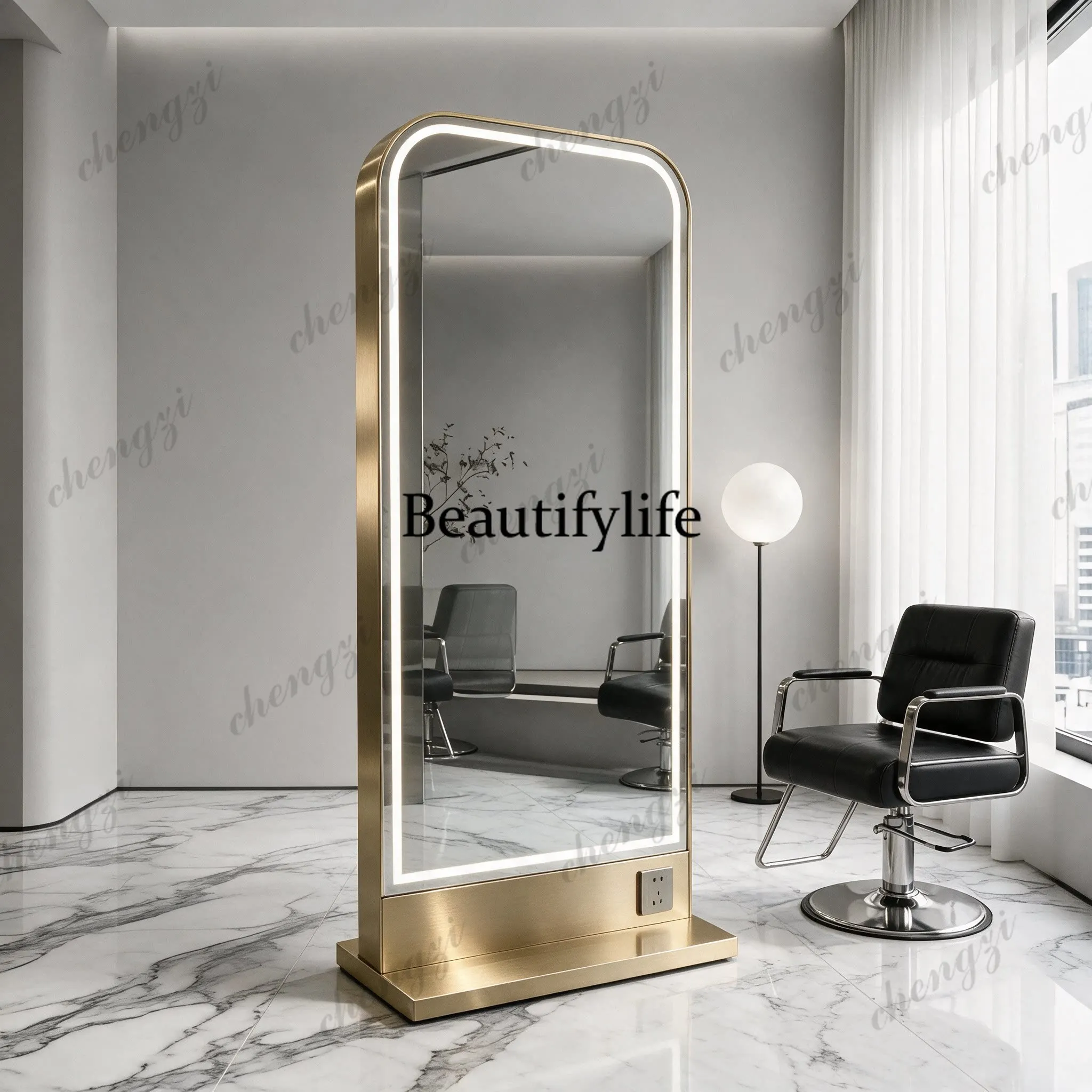 Modern simple barber shop mirror table hair salon special barber mirror single double-sided stainless steel floor perm mirror