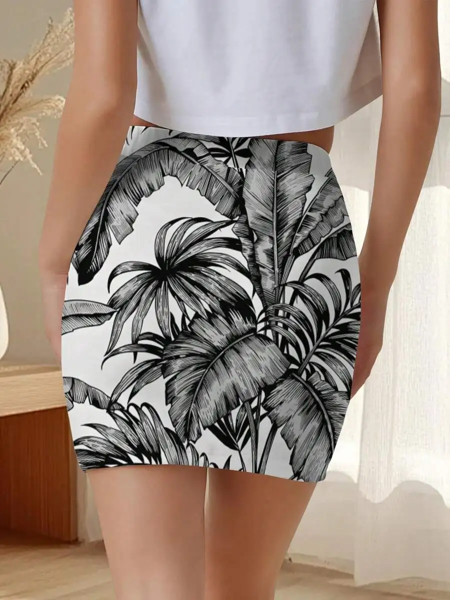 Women Summer Bodycon Mini Skirt Black White Tropical Palm Leaf Print Casual Beach Style